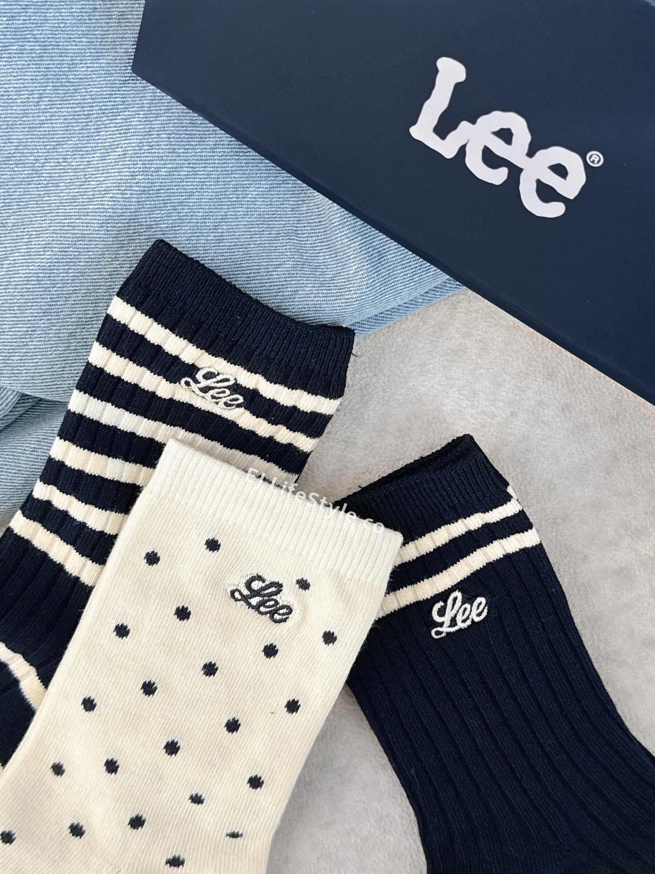 韓國限定 🇰🇷 LEE 襪子禮盒 小標LOGO 條紋波點 海軍藍 奶油 一組三入 / 現貨