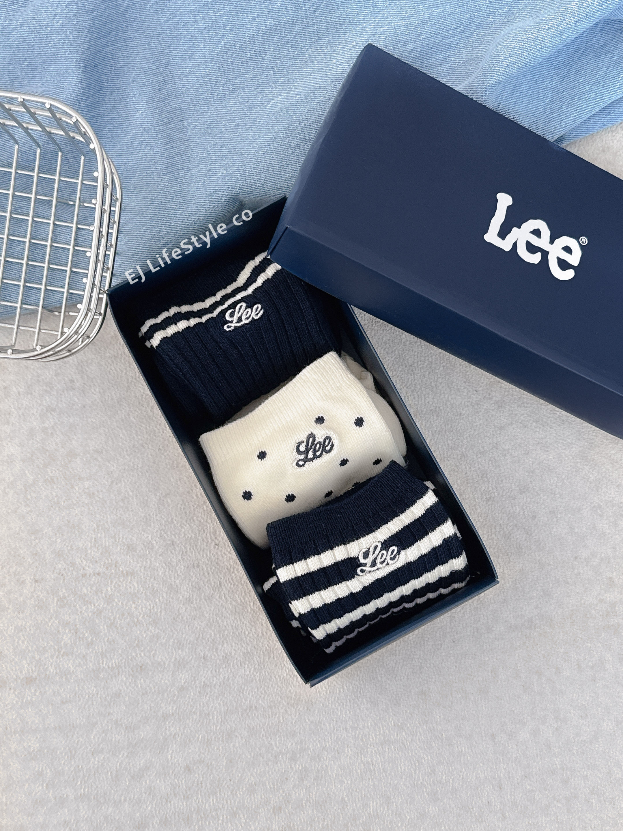 韓國限定 🇰🇷 LEE 襪子禮盒 小標LOGO 條紋波點 海軍藍 奶油 一組三入 / 現貨