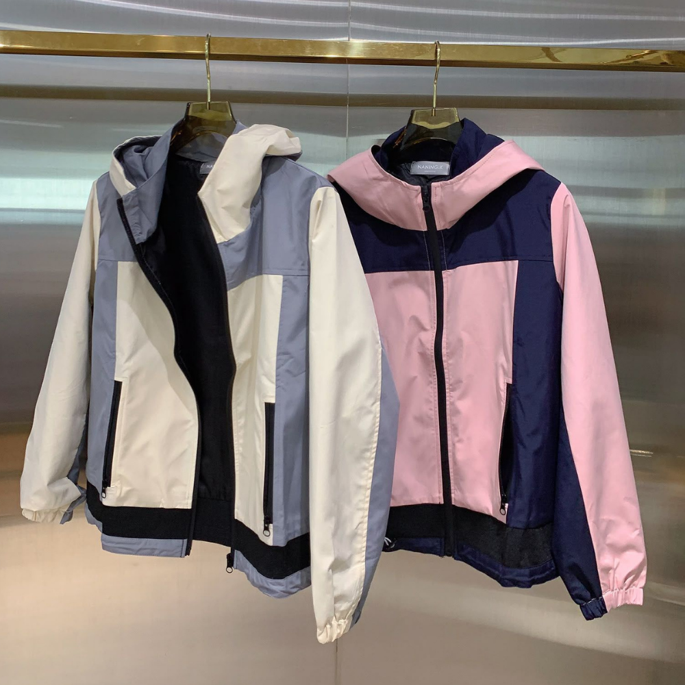 JAC-CCG0830-007 連帽撞色寬鬆拉鍊可束腰風褸 (A7杏灰/B7粉)