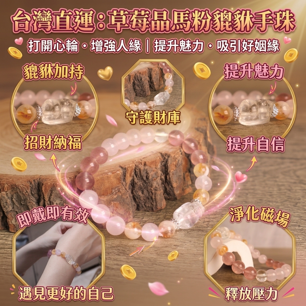 草莓晶馬粉貔貅手珠