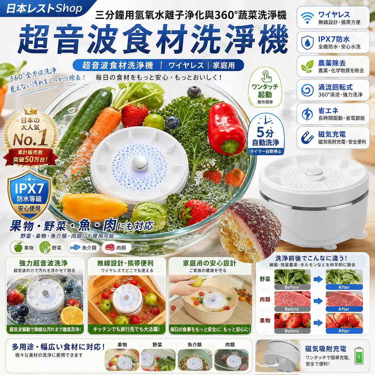 包郵優惠 日本レストShop 三分鐘用氫氧水離子淨化與360°蔬菜洗淨機 #2608
