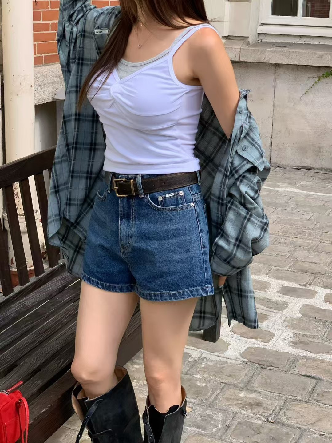 藍色白印牛仔短褲