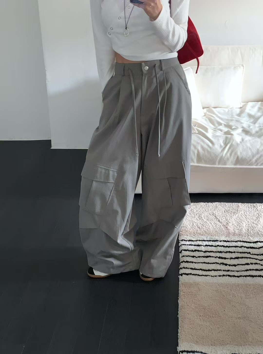 綁帶口袋抓褶垮褲
