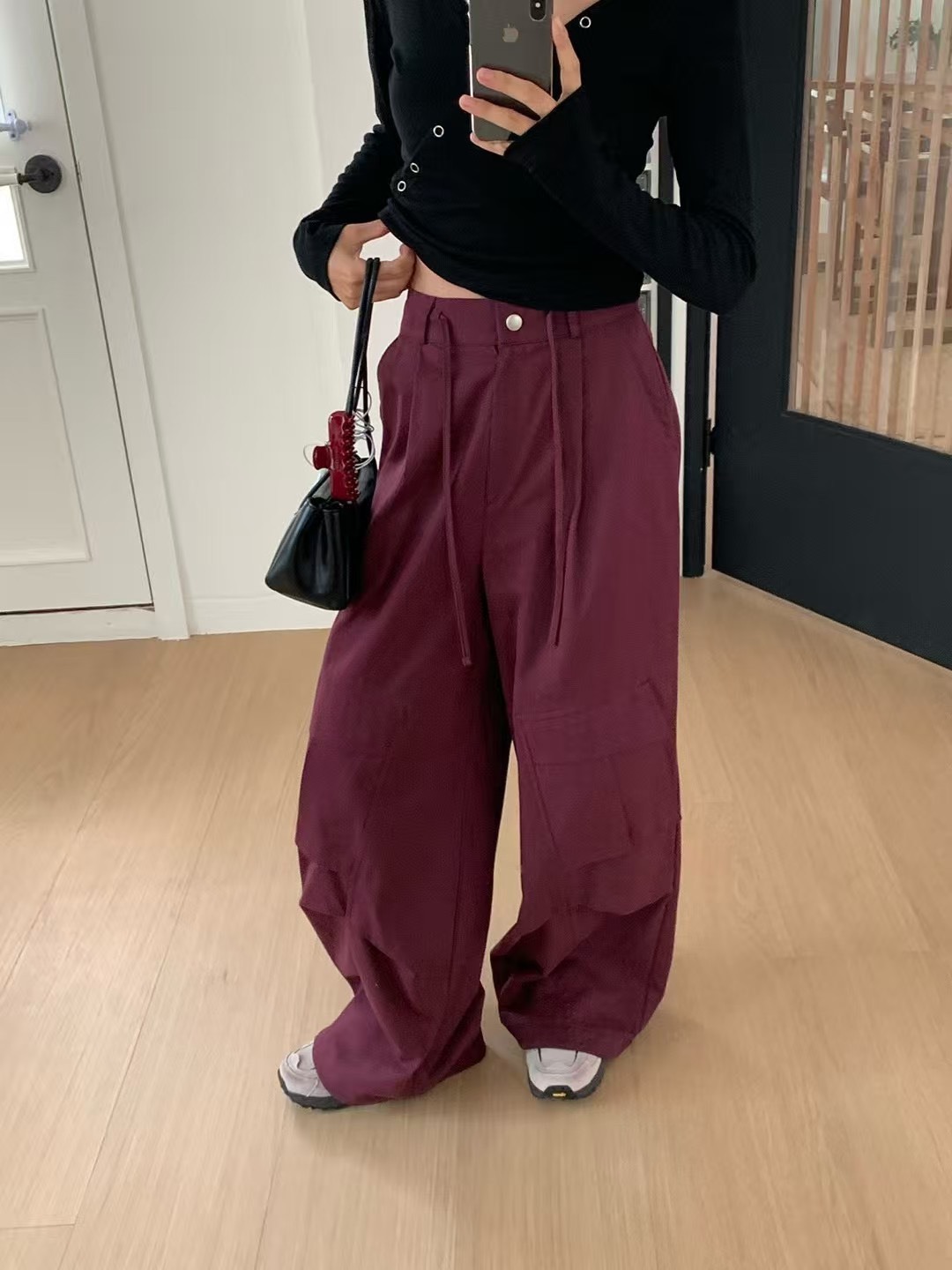 綁帶口袋抓褶垮褲