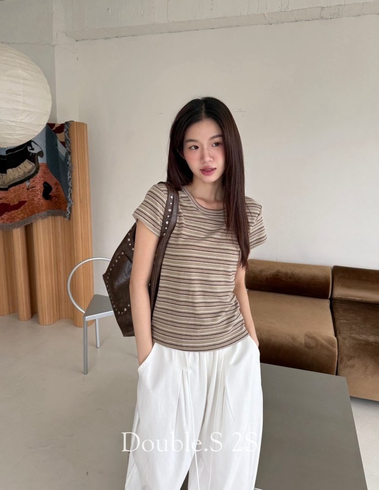 復古感!撞色條紋彈性棉TEE*3色