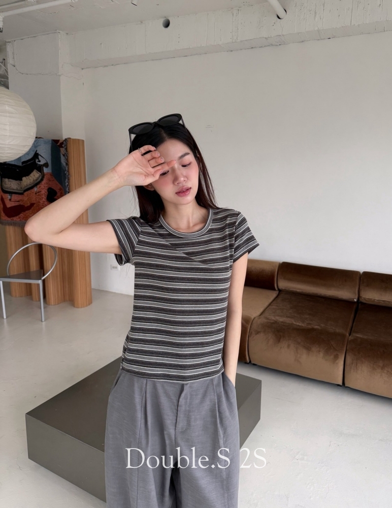 復古感!撞色條紋彈性棉TEE*3色