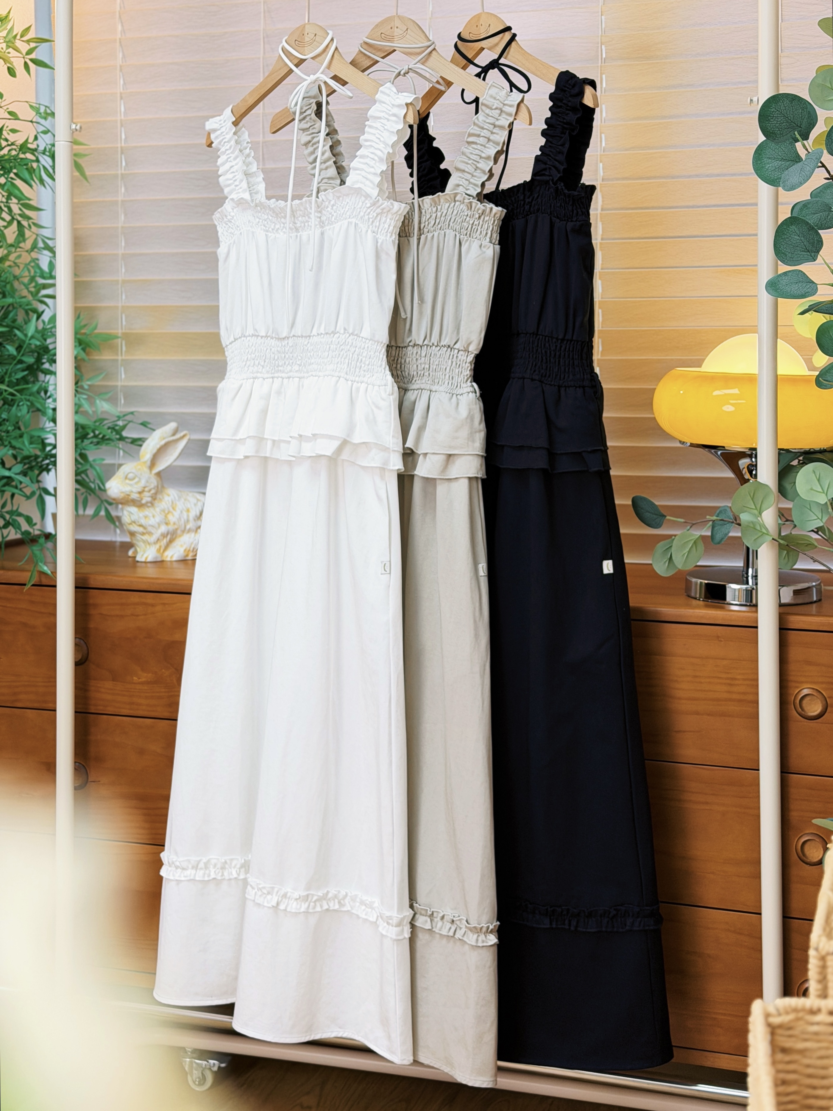 三色 / 方領束褶修腰背心連身裙 / Square Neck Smocked Waist Peplum Dress