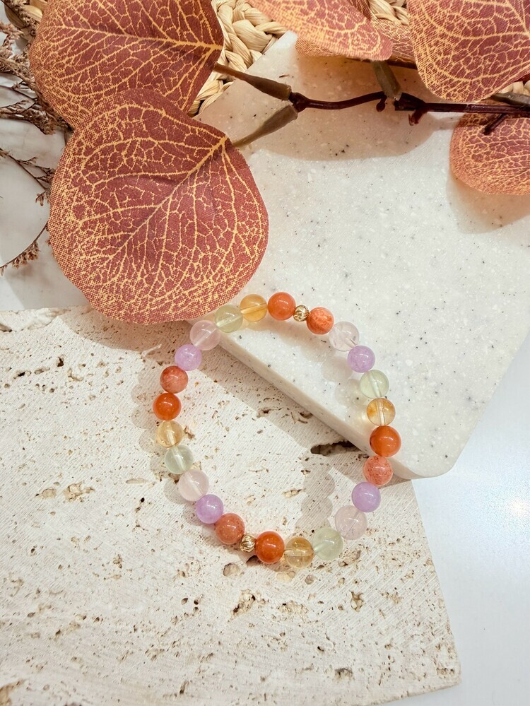 C016-小幸運｜紅兔毛 × 太陽石 × 粉水晶 × 葡萄石 × 黃水晶 × 薰衣草紫水晶手鍊6mm