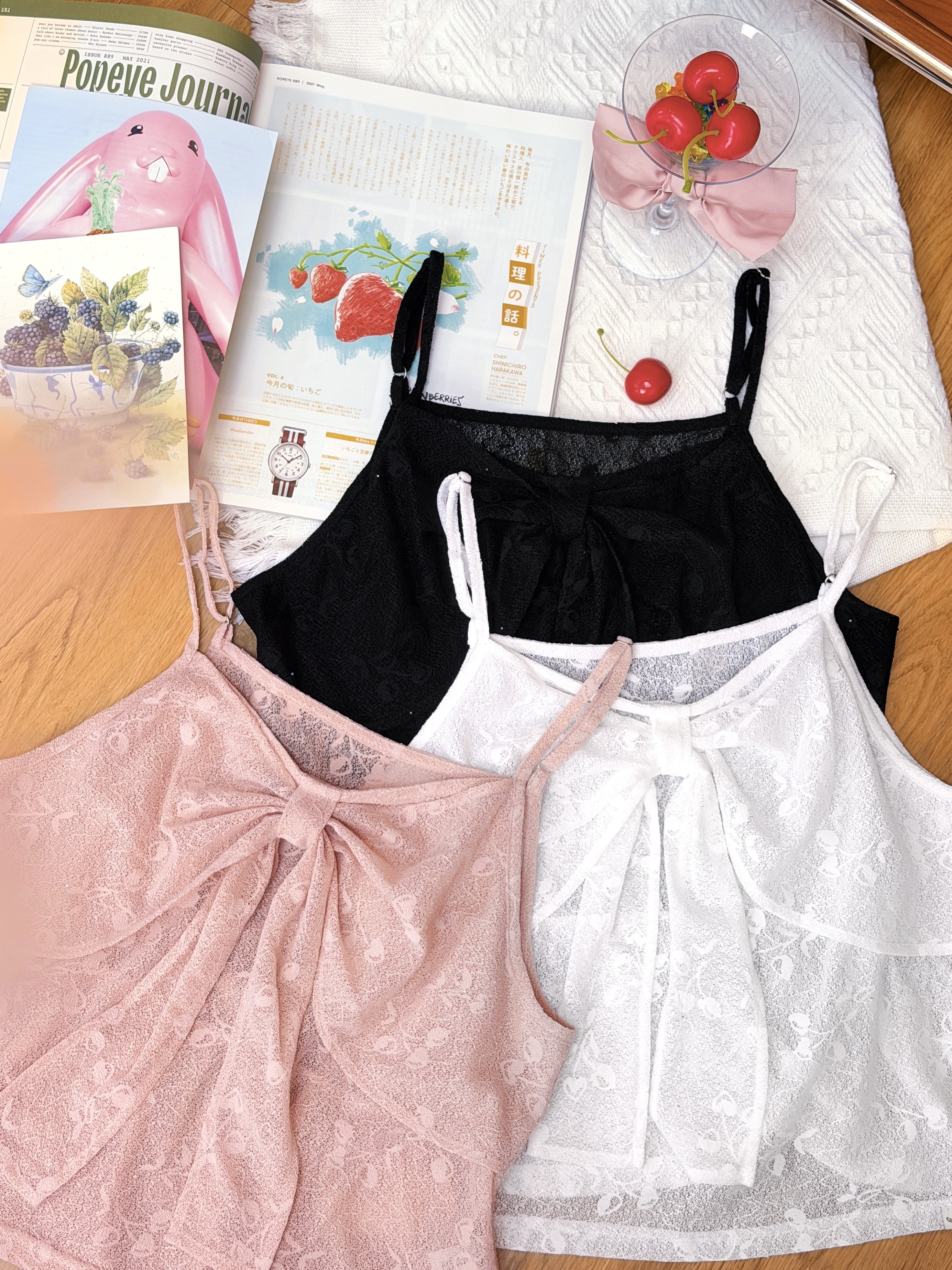 三色 / 微閃櫻桃大蝴蝶結馬甲 / Shimmer Cherry Lace Bow-Front Cami