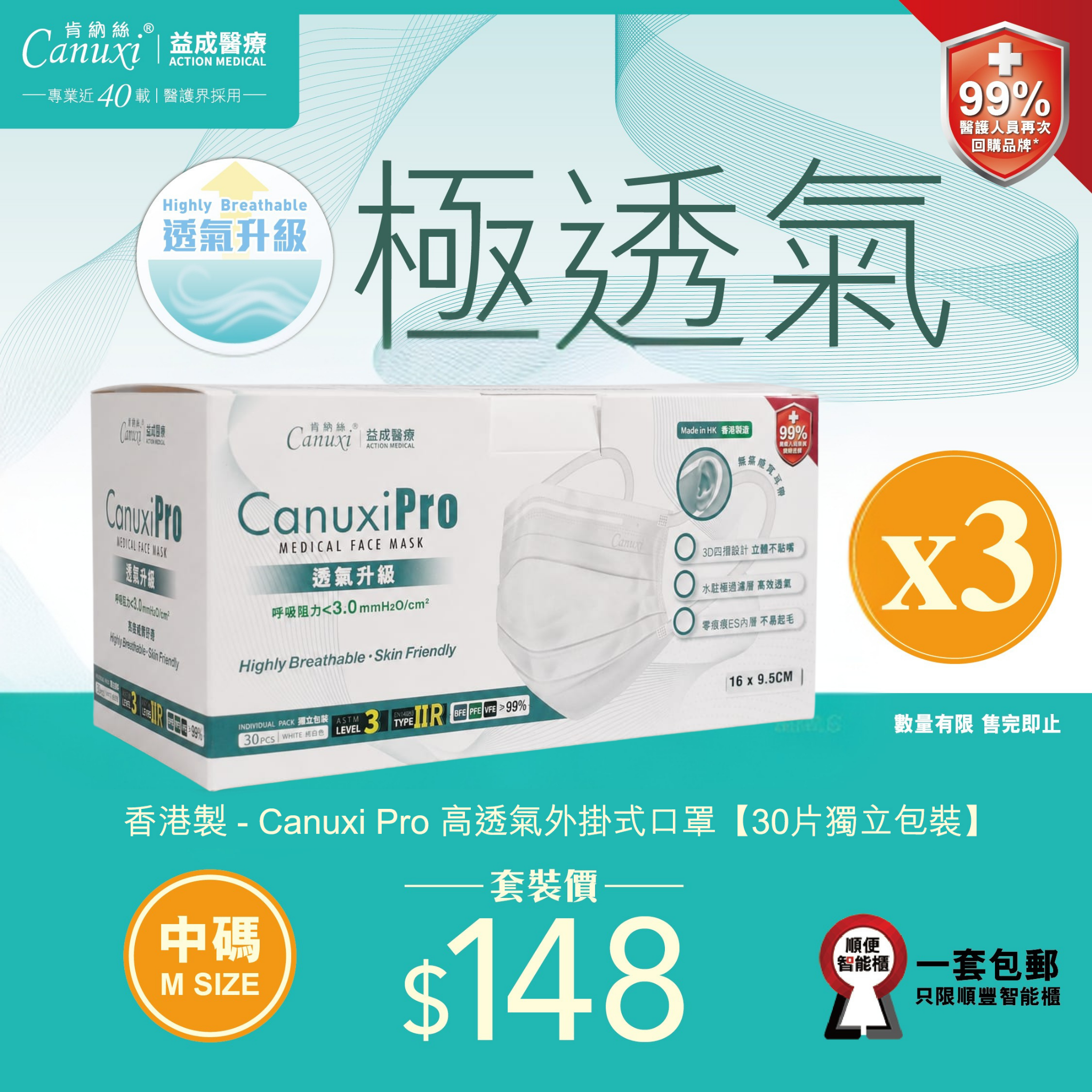 [3-Box Set | Free SF Locker Pickup] Canuxi Pro M size 16cm High Breathability Surgical Mask