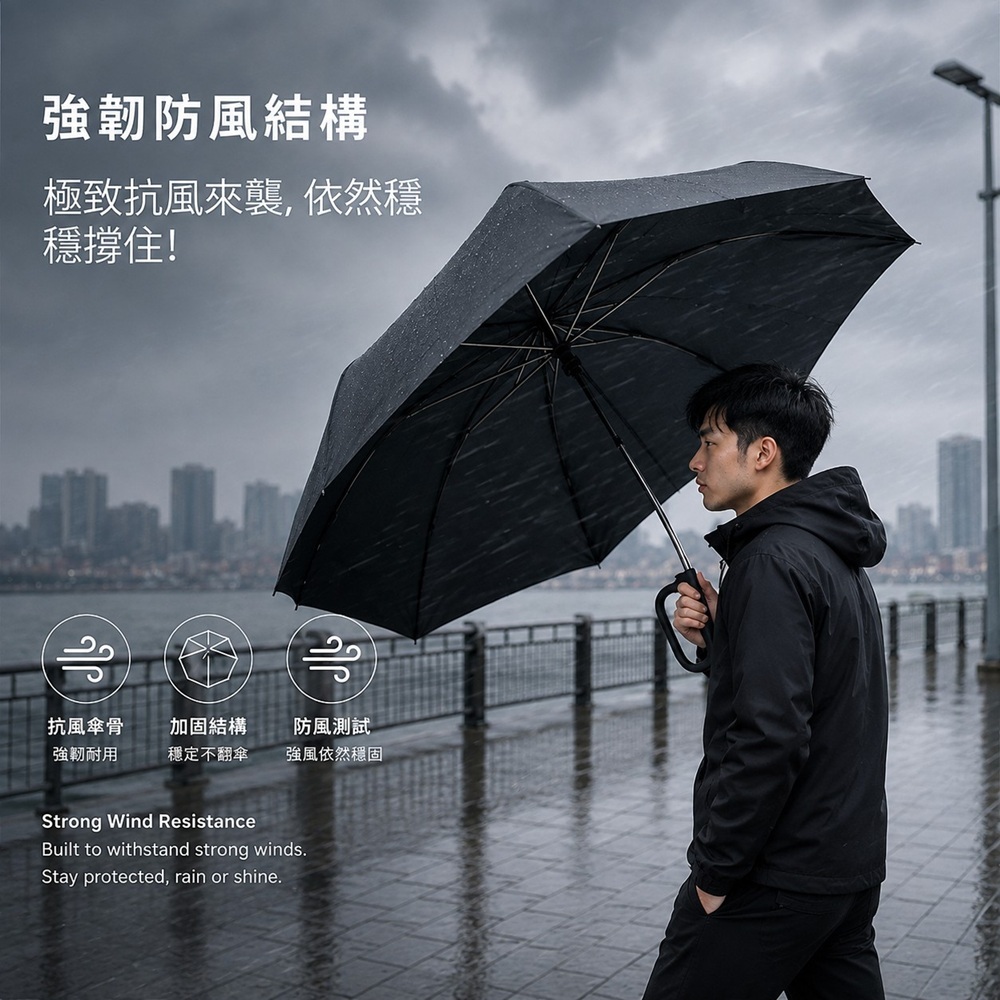 3秒捲勾勾反向自動傘採用強韌防風結構極致抗風來襲依然穩穩撐住，抗風傘骨強韌耐用、加固結構穩定不翻傘。