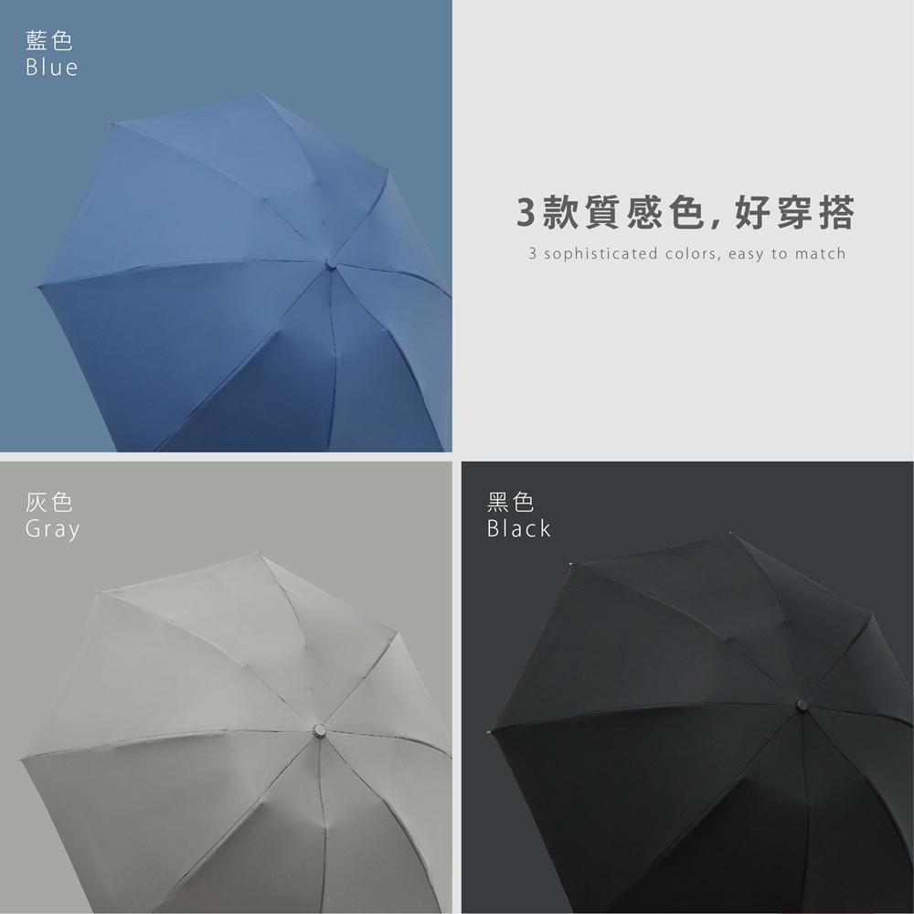 3秒捲勾勾反向自動傘共有3種質感色好穿搭，藍色 Blue、灰色 Gray、黑色 Black 自動傘款式。