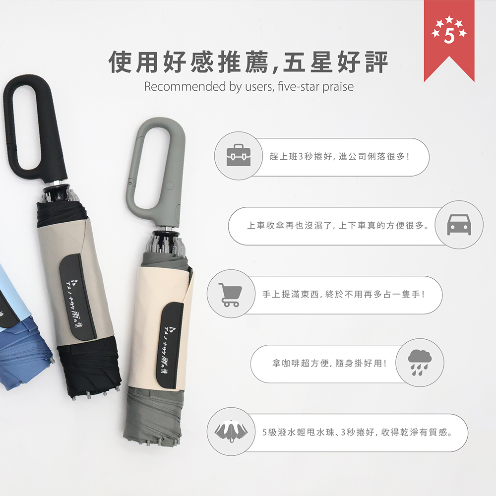 雨之情反向自動傘使用好感推薦五星好評：上班3秒快捲、上下車反向收傘不濕、隨身掛勾解放雙手與5級超潑水快乾。