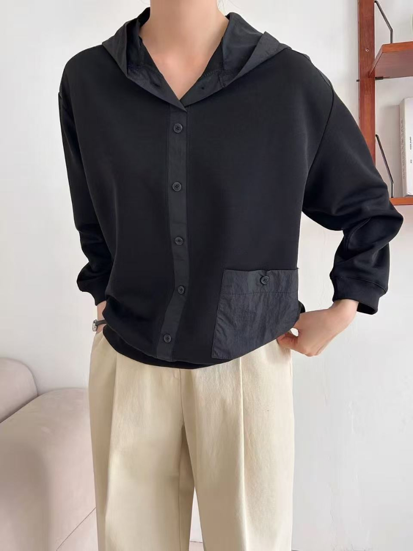 輕鬆有型★異材質拼接連帽上衣