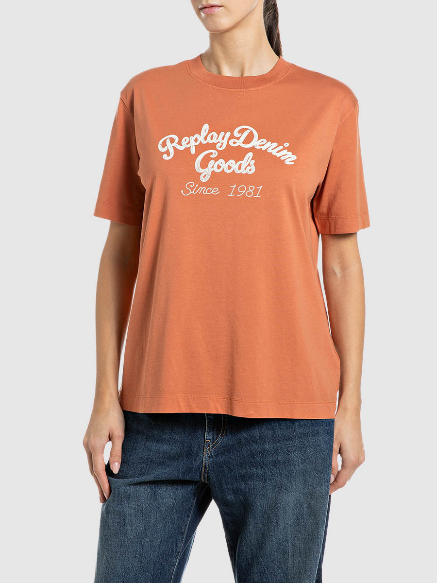 橘色印花短袖圓領 T-shirt
