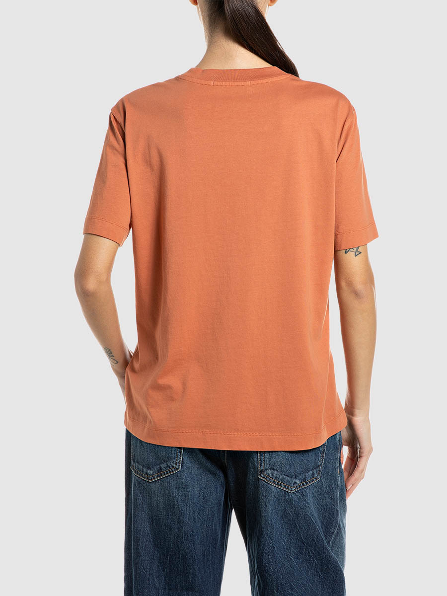 橘色印花短袖圓領 T-shirt