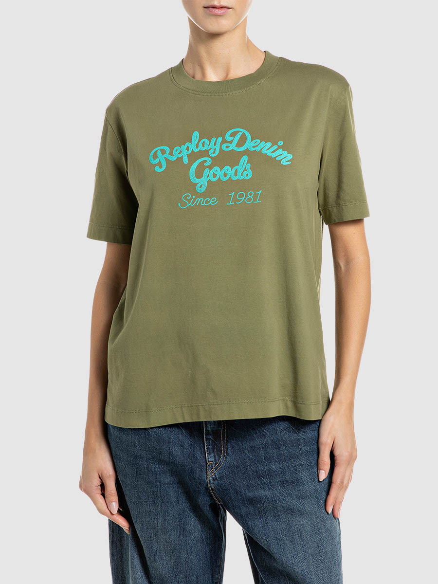 軍綠色印花短袖圓領 T-shirt