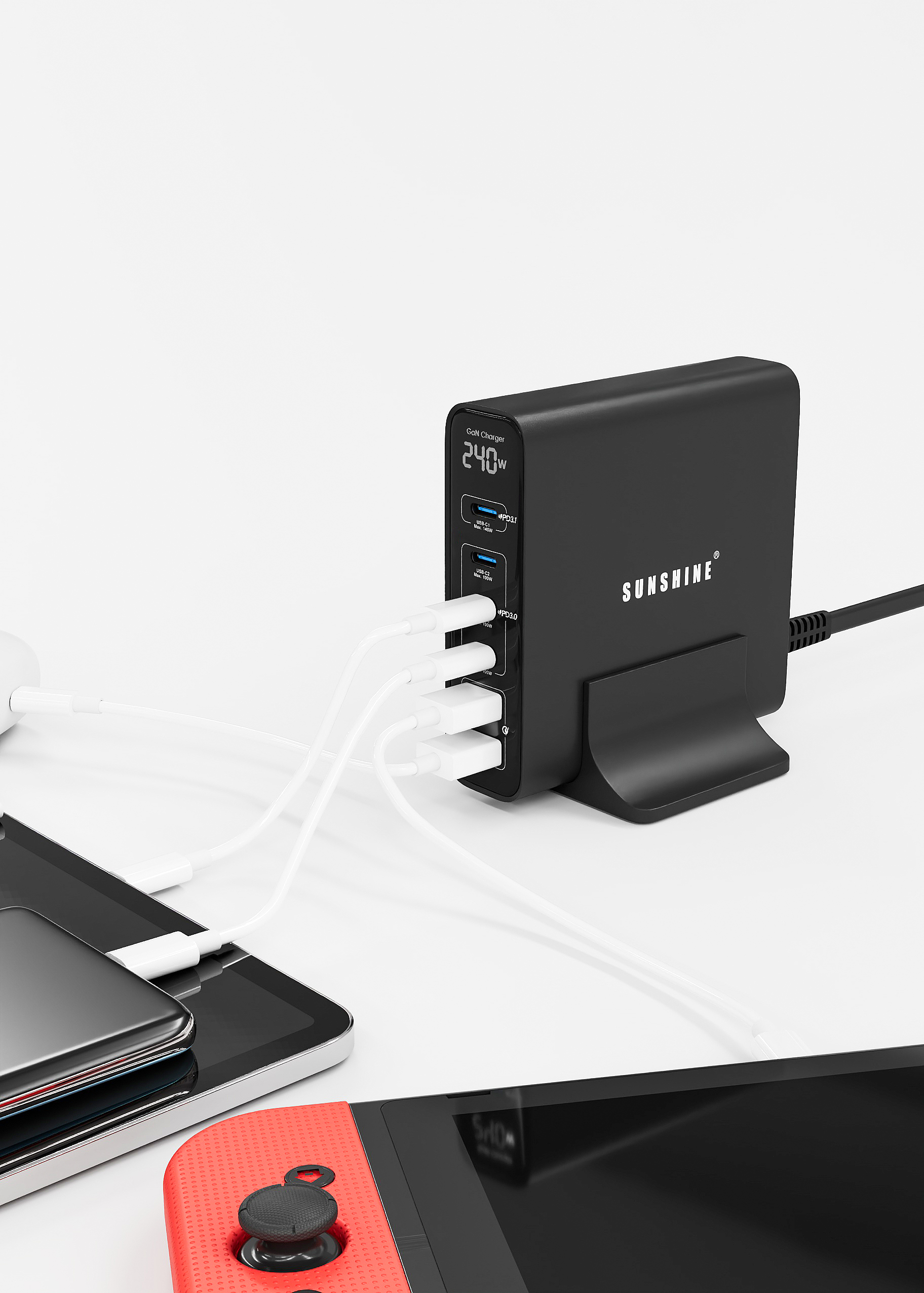 GaN 快速充電器 240W 總輸出 PD3.1+QC3.0 六口桌面充電站 (4 USB-C + 2 USB-A) TRB-240W