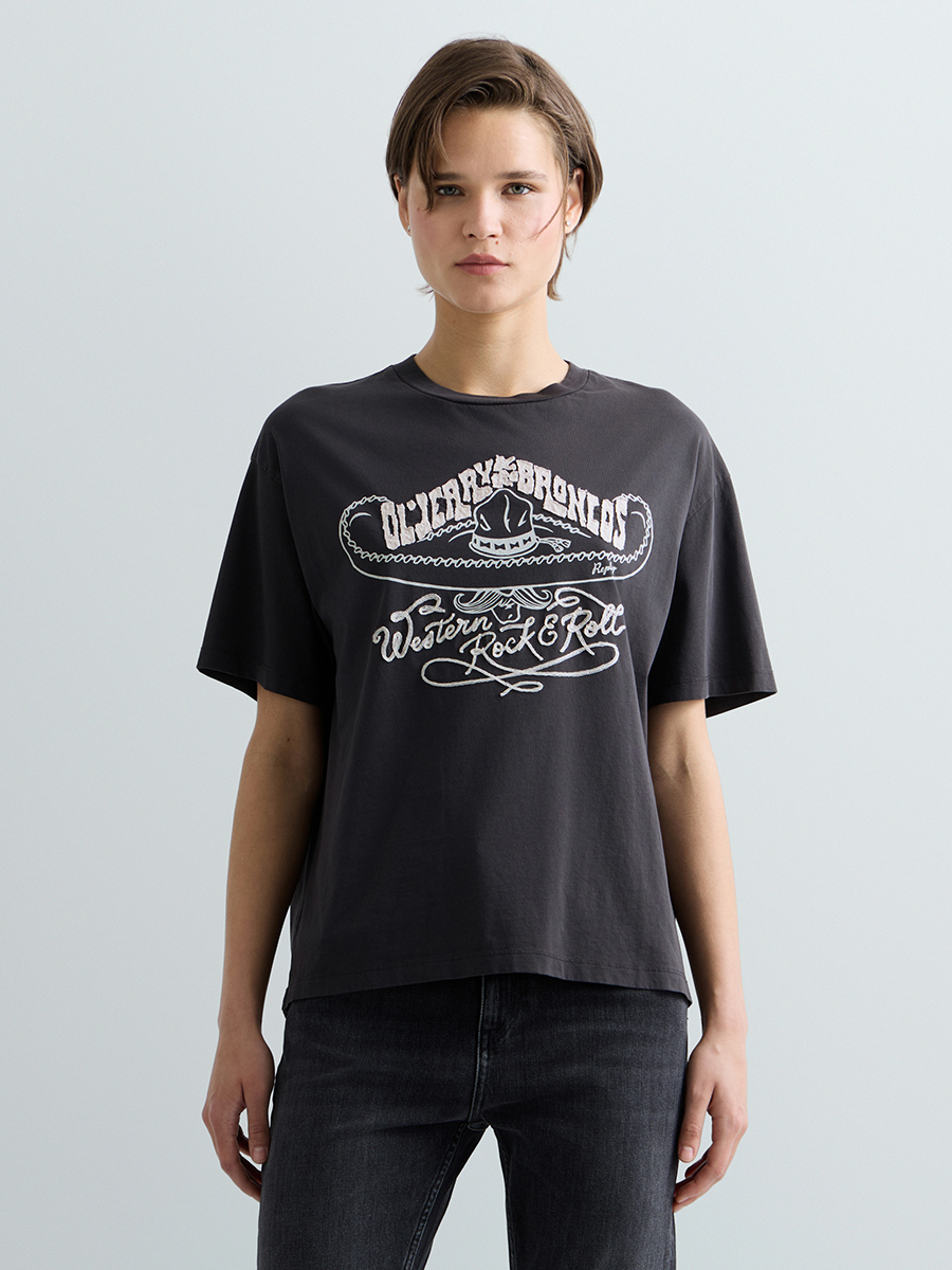 黑色西部風印花寬鬆 T-shirt