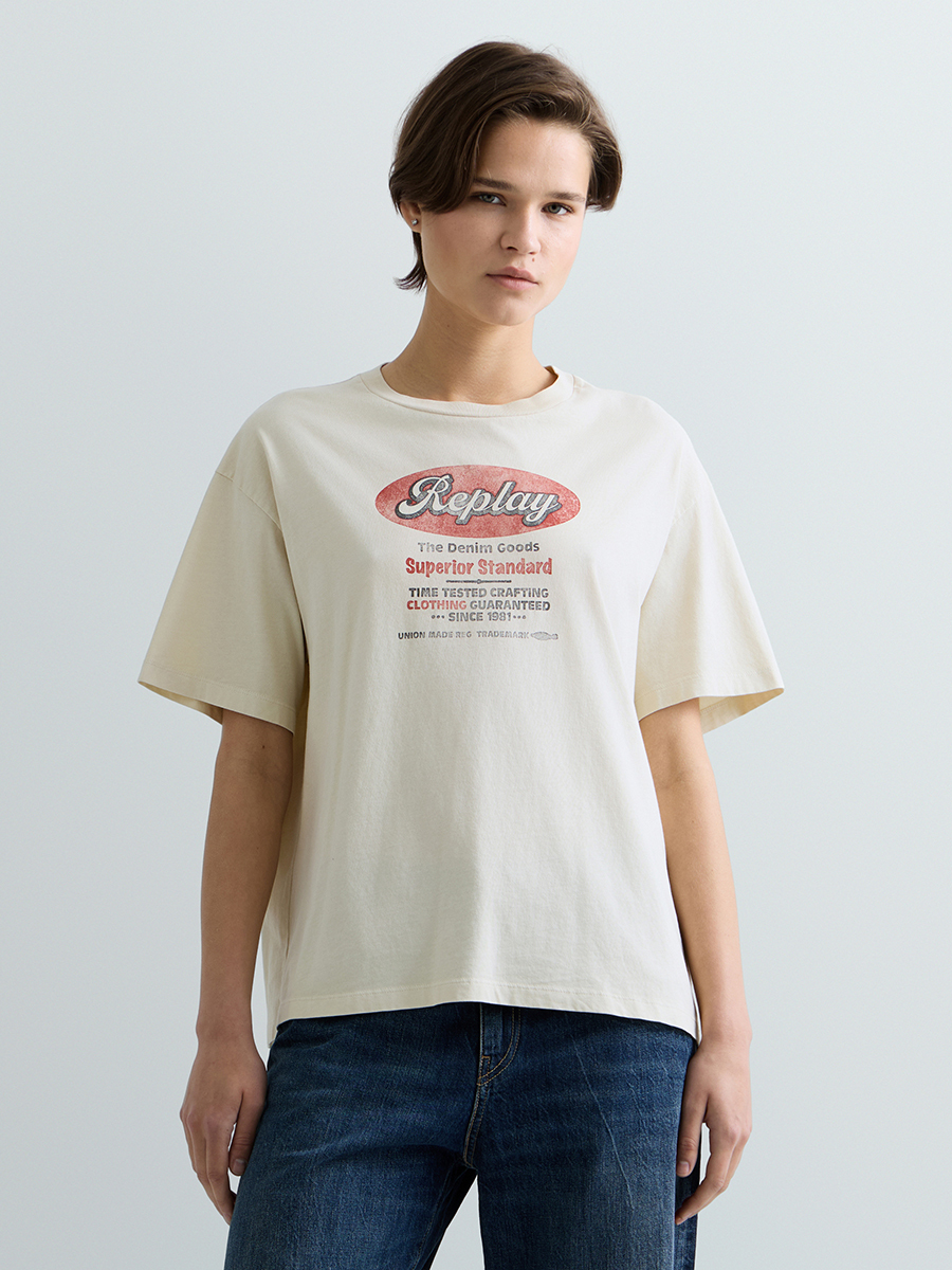 米色復古印花寬鬆 T-shirt