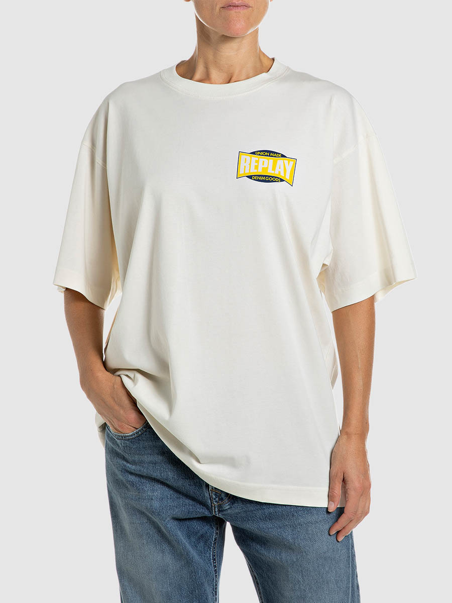 米白色圖騰印花寬鬆純棉 T-shirt