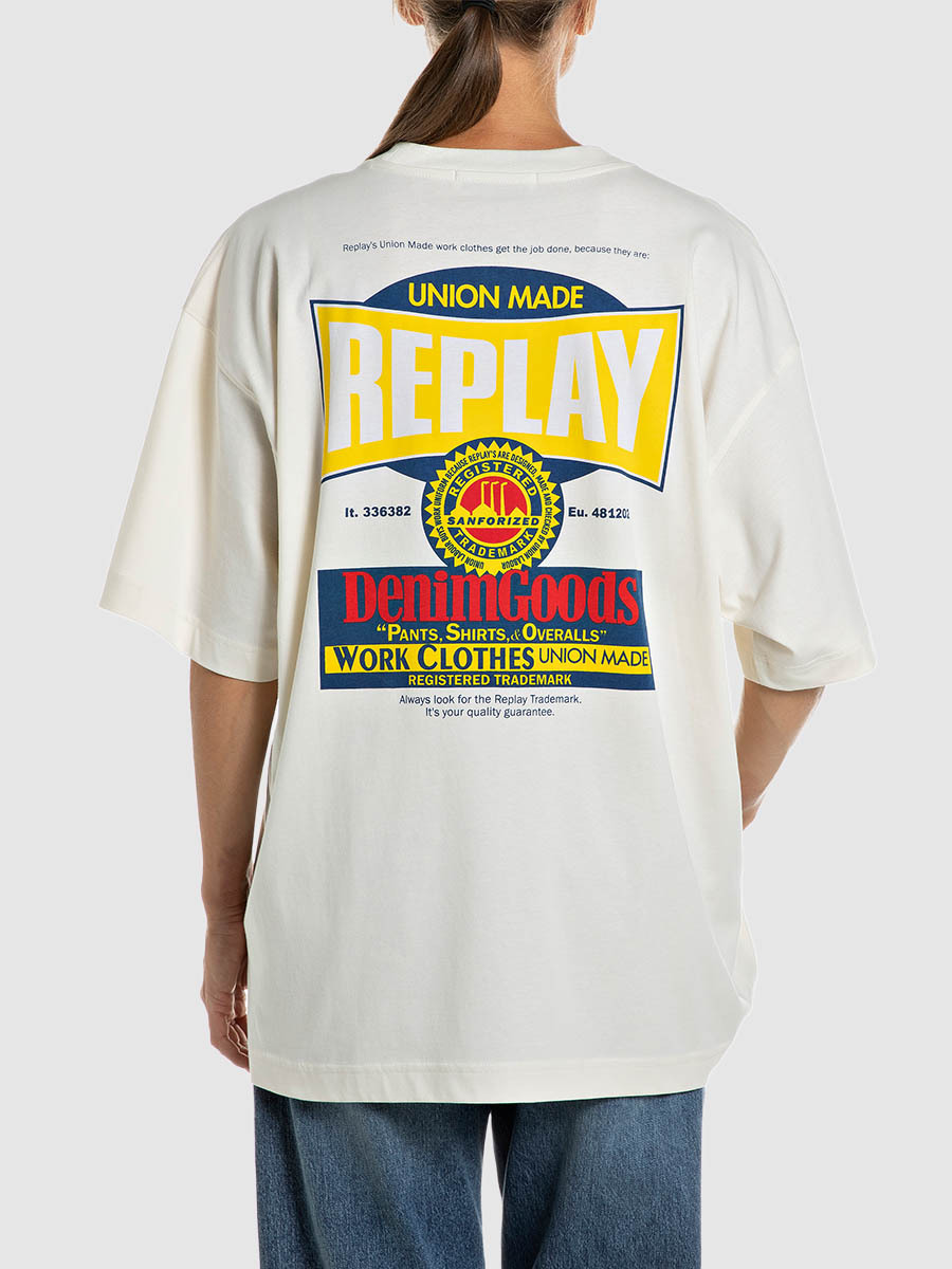 米白色圖騰印花寬鬆純棉 T-shirt
