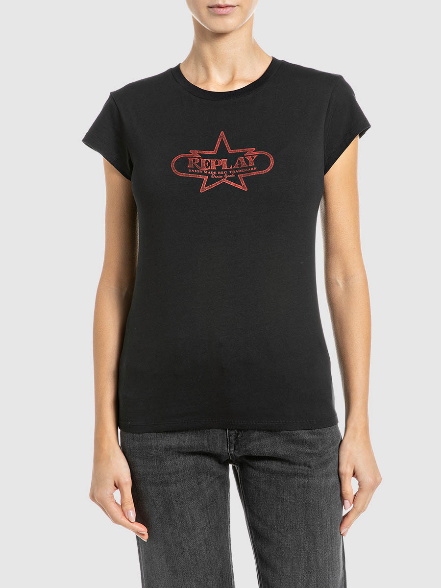 黑色文字印花修身純棉 T-shirt