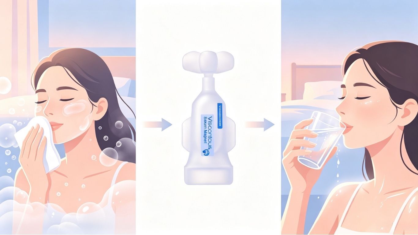 插畫:女生潔面卸妝、Viscontour Serum Magnet補水安瓶精華樽身特寫、女生飲水,三個步驟並排展示派對後3步補水急救護膚routine