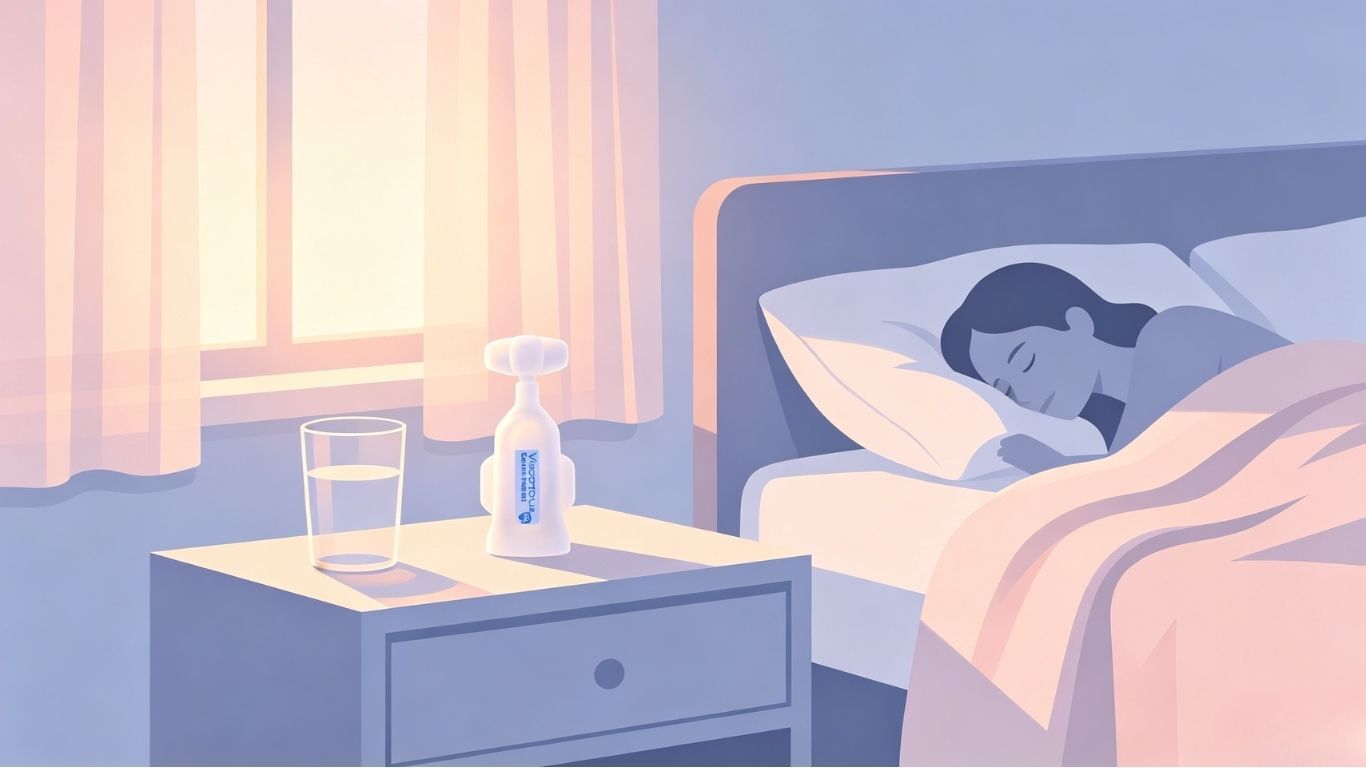 插畫:睡房床頭櫃上擺放Viscontour Serum Magnet補水精華同一杯水,女生安睡床上,呈現寧靜嘅晚間補水護膚時刻