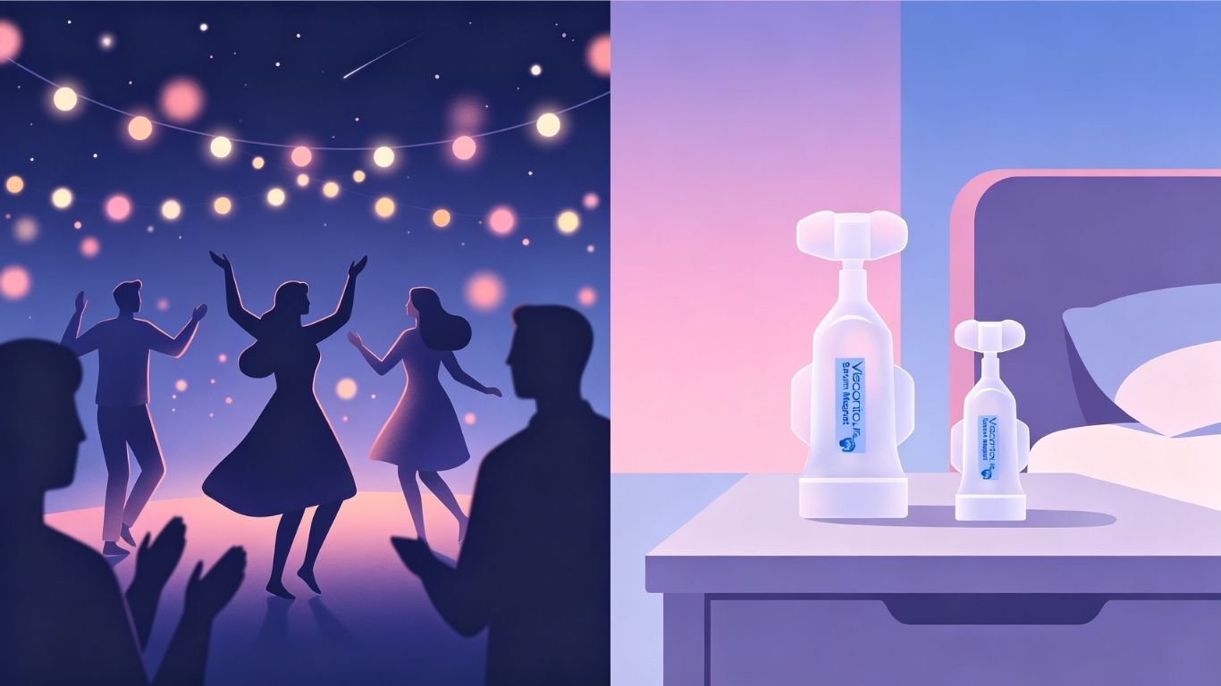 Illustration split between a nighttime party scene with dancing silhouettes and string lights, transitioning into a bedside table with Viscontour hydrating serum bottles