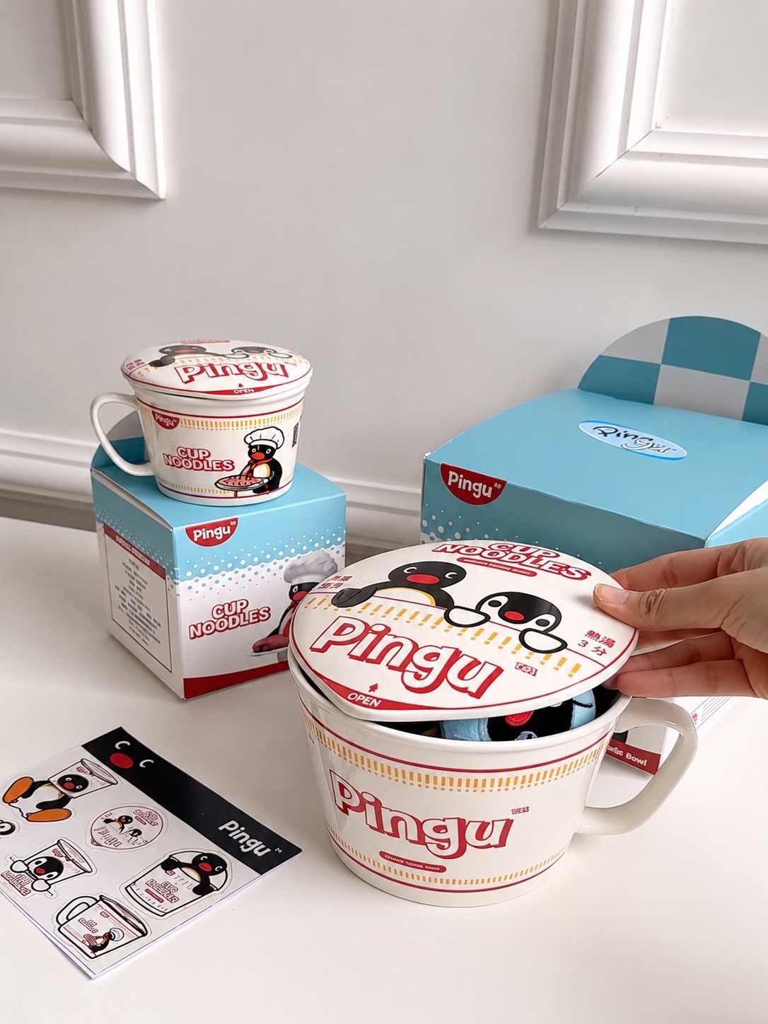 正版授權 PINGU 企鵝家族 廚師造型 帶蓋 泡面陶瓷碗迷你碗 禮盒組