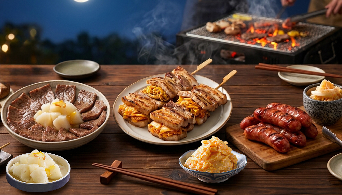 中秋烤肉餐桌擺放協發行泡菜產品-黃金泡菜、蘿大柚與台式糖醋泡菜,開胃解膩小菜推薦。