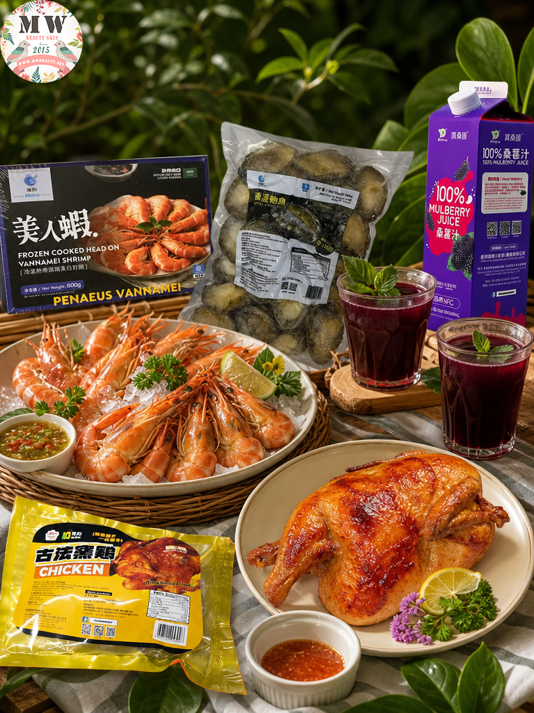 【限時直播特惠】中秋海鮮宴 4人套裝（18頭凍鮑魚肉＋沙特美人蝦800g＋古法窯雞＋桑葚汁x2）｜加熱即食