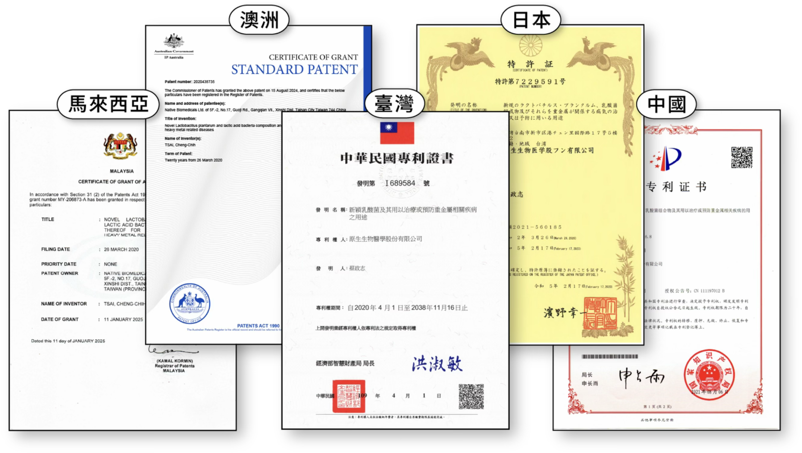NBM01 澳洲、馬來西亞、台灣、日本與中國五國原始專利證書