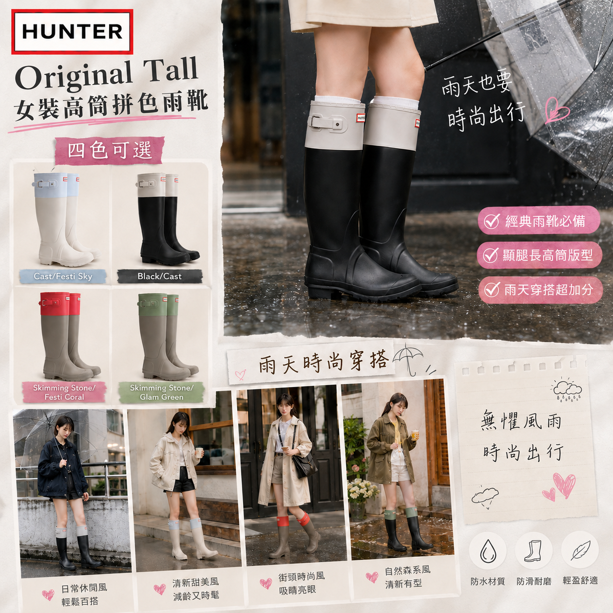 【預購】HUNTER ZKR082915 Original Tall 女裝高筒拼色雨靴