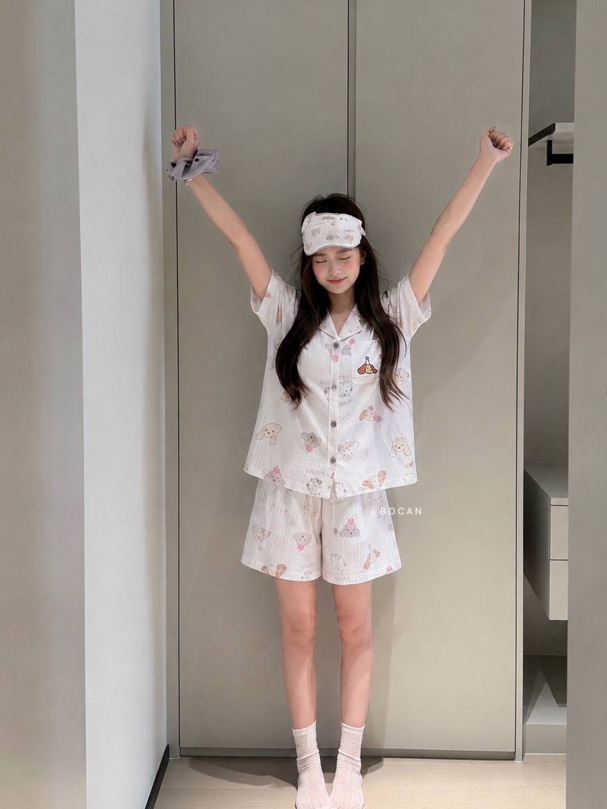 奶油小狗 滿版印花 翻領居家服 睡衣套裝 淺灰/米白