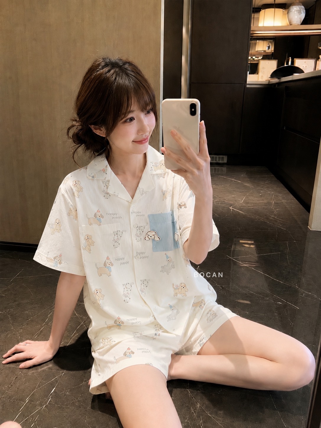 奶油小狗 滿版印花 翻領居家服 睡衣套裝 淺灰/米白