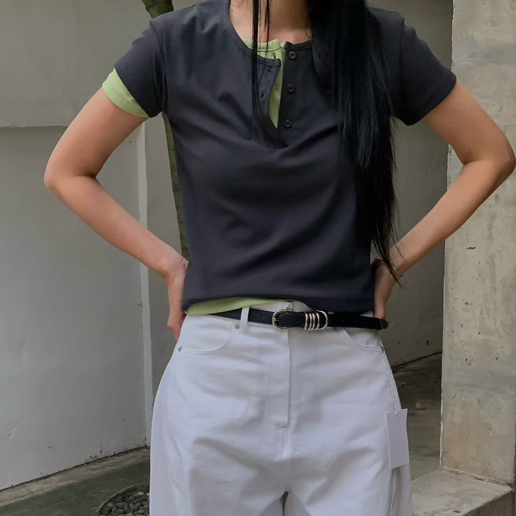 時髦百搭亨利領圓領排釦短袖上衣 / 4色