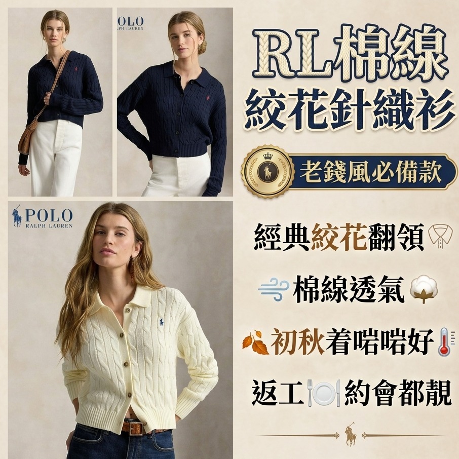 RL棉線絞花翻領針織衫