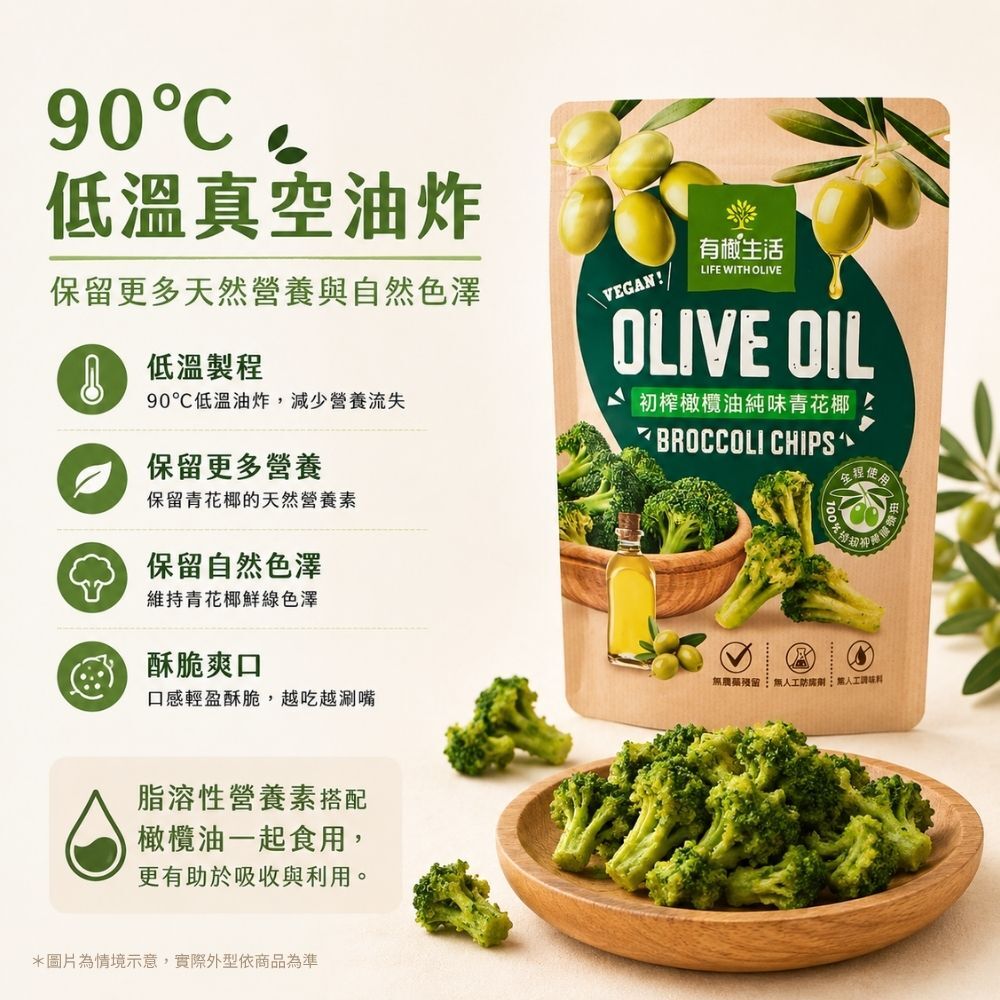 有橄生活 90度C低溫真空油炸技術 保留青花椰原始風味與營養