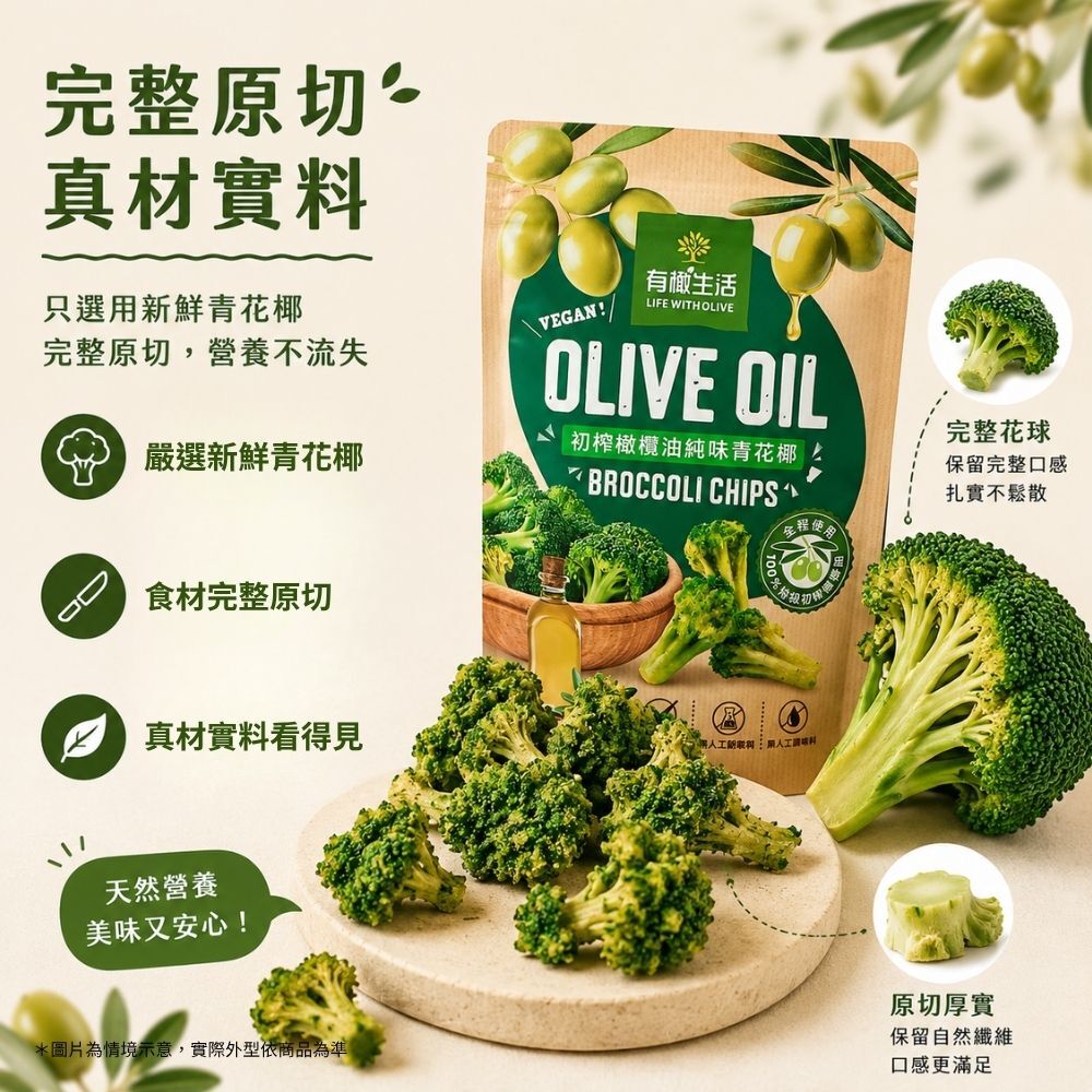 有橄生活 真材實料食材原切 保留青花椰完整纖維與自然口感