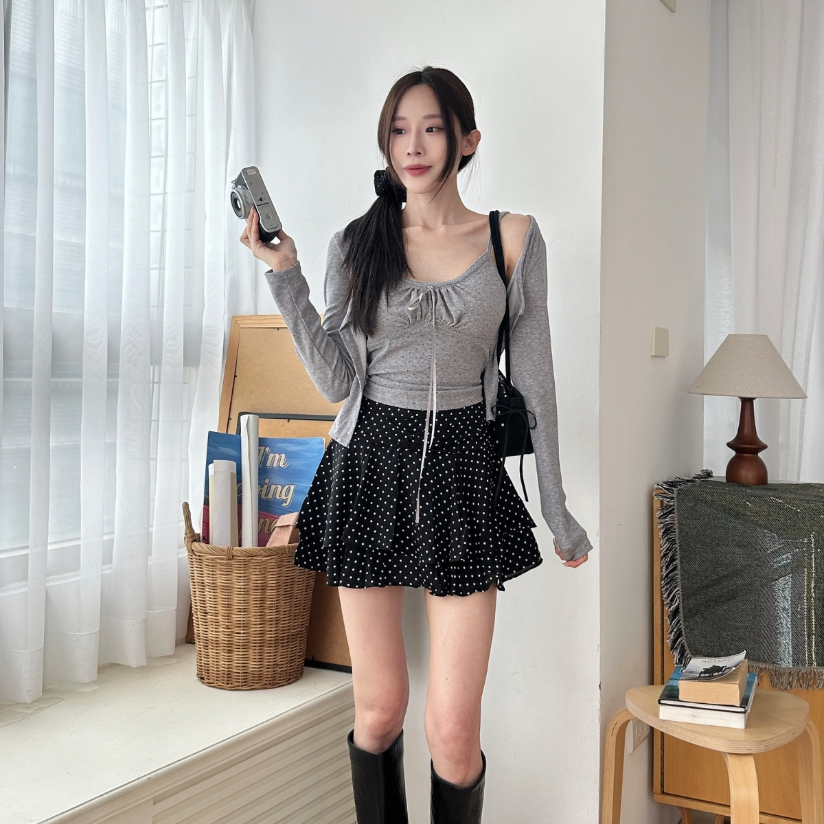 【復古星點】抓皺罩衫兩件套 外套+背心 蕾絲 波點 3色(現貨)