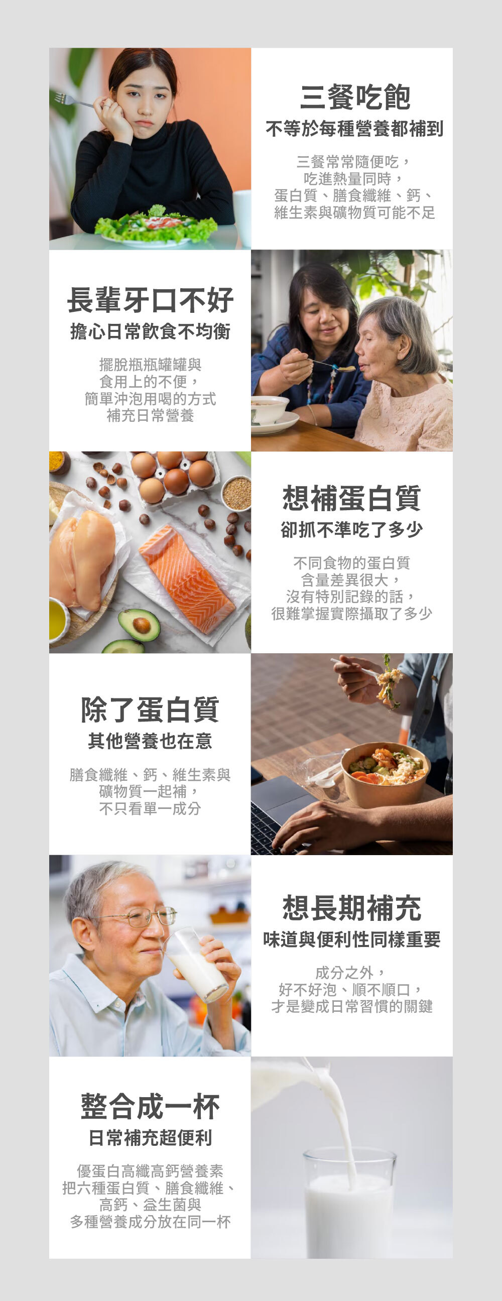 優蛋白高纖高鈣營養素把六種蛋白質、膳食纖維、高鈣、益生菌與多種營養成分放在同一杯。