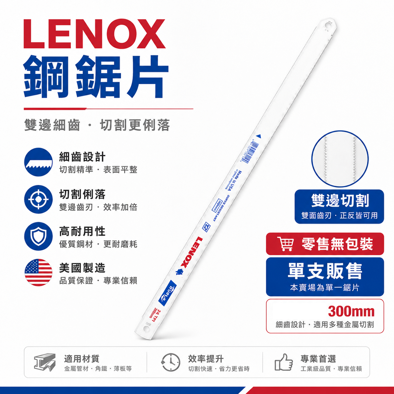 雙面齒新款｜美國 LENOX 手鋸條 狼牌 雷諾｜12"雙金屬鋸片 把手鋸 鋸刀 鋼鋸條 手鋸條 切割鋸｜長 300mm