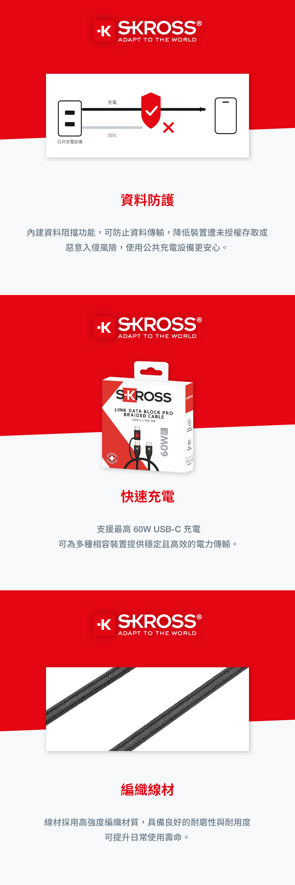 ®ADAPT TO THE WORLD充電資料公共充電設備資料防護內建資料阻擋功能,可防止資料傳輸,降低裝置遭未授權存取或惡意入侵風險,使用公共充電設備更安心。 SROSS®ADAPT TO THE WORLDSKROSSLINK DATA BLOCK PROBRAIDED CABLEUSB-C 150 CMSKROSS150CM快速充電支援最高 60W USB-C 充電可為多種相容裝置提供穩定且高效的電力傳輸。K SKROSS ®ADAPT TO THE WORLD編織線材線材採用高強度編織材質,具備良好的耐磨性與耐用度可提升日常使用壽命。