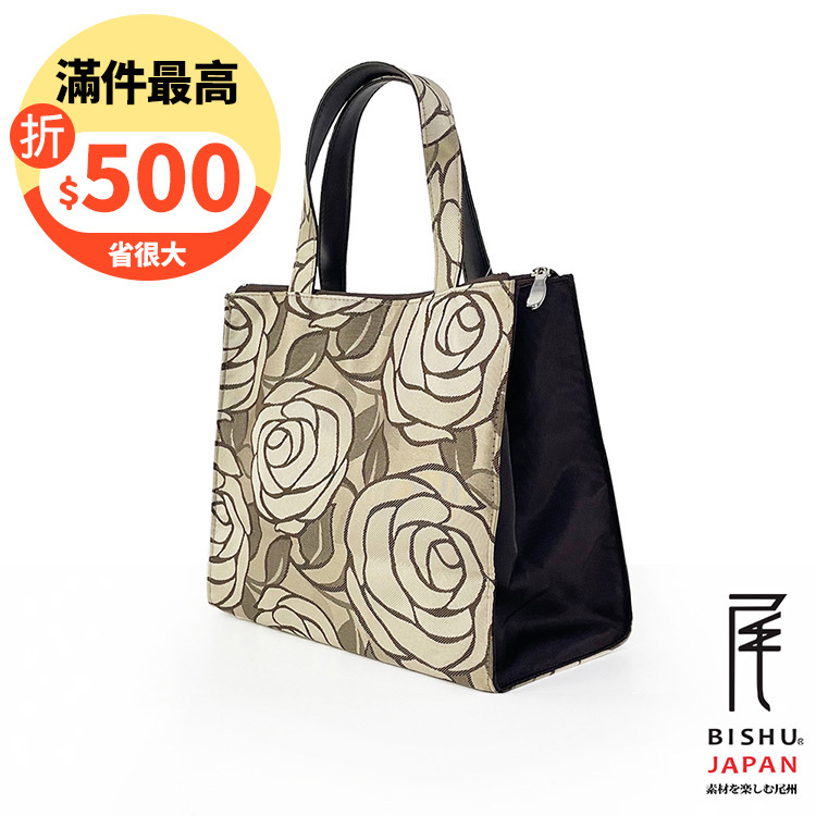 日本製-尾州織 漫步玫瑰園方形便當袋手提袋-白玫瑰