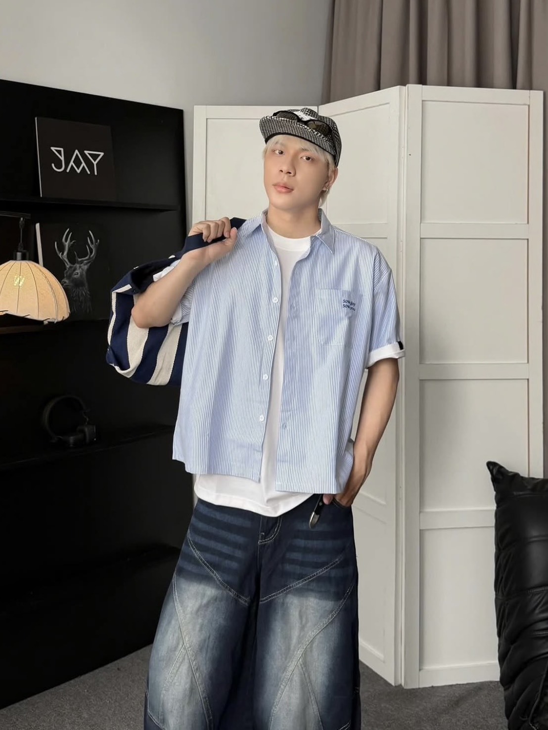 （現貨）越南品牌 Jaystoree 口袋 小標 條紋 Boxy 短寬 短袖襯衫 Jaystoree01