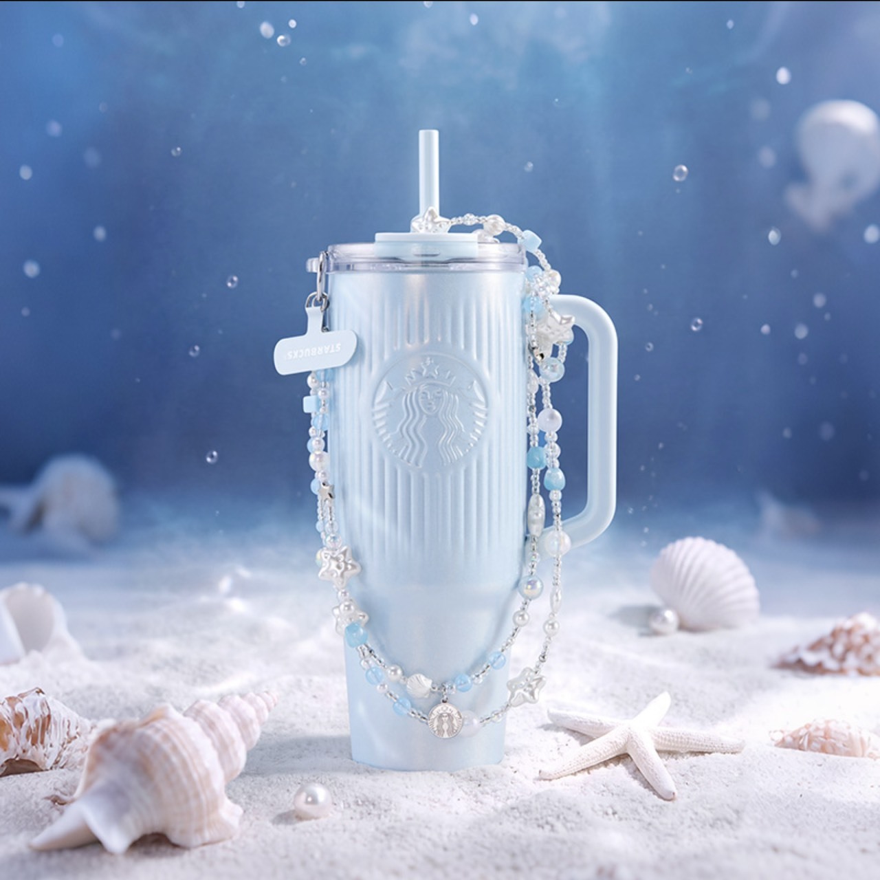 【預購】國外限定 Starbucks 海洋綺遇系列 美人魚 豎紋 寶寶藍 奶藍 細閃 不鏽鋼 雙飲口 水壺 保溫杯 掛鍊 手機鍊 組合 910ml