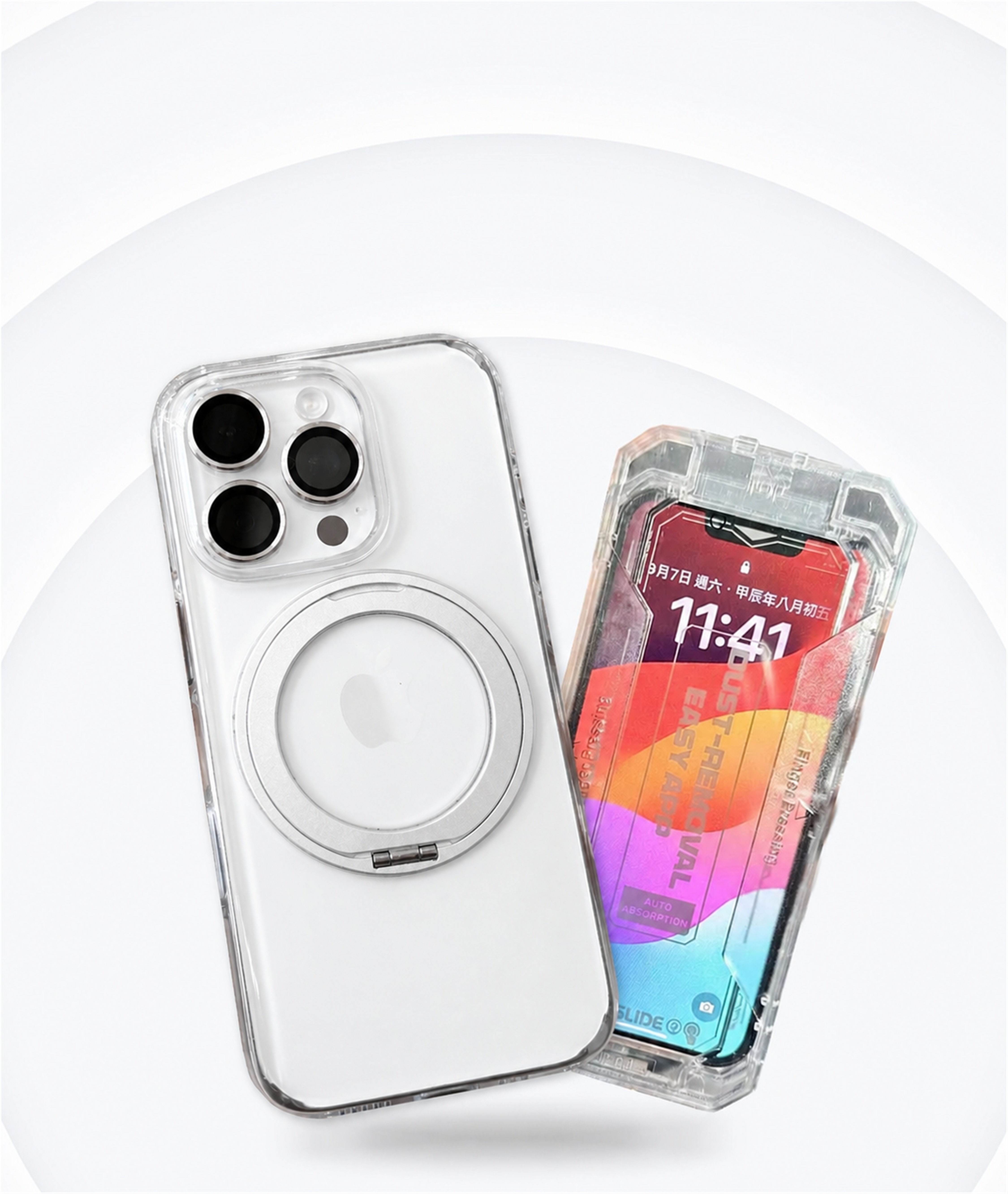 銀色 iPhone 裝上 YU 360°無段支架手機殼並貼上極地冰盾保護貼，殼身與螢幕同時有防護