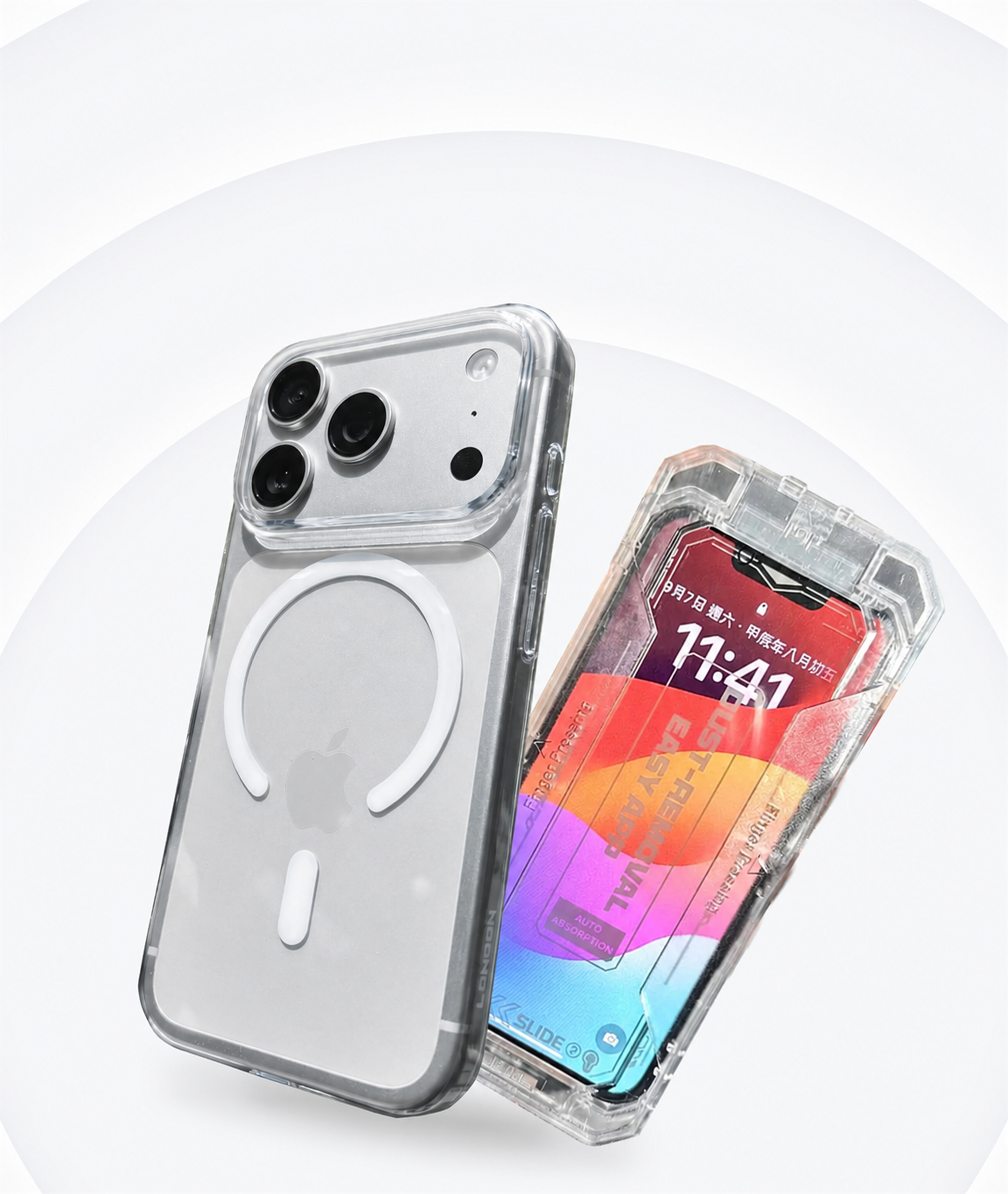 銀色 iPhone 裝上 Londonimg 零手感 Lite Case 並貼上極地冰盾保護貼，殼身與螢幕同時有防護